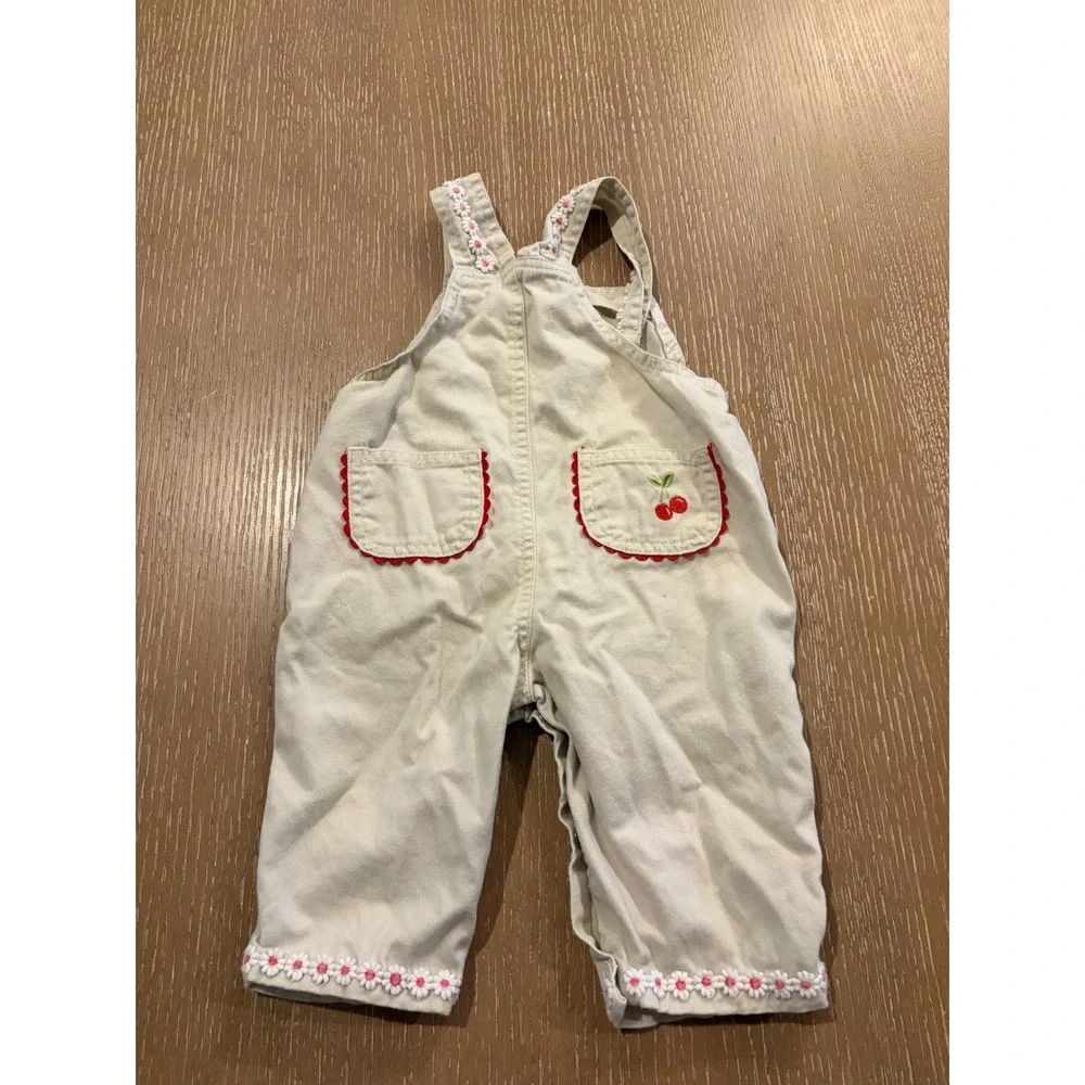 Baby Girls 6-9M Cherry Embroidered Overalls Romper Hearts Cottagecore Vintage